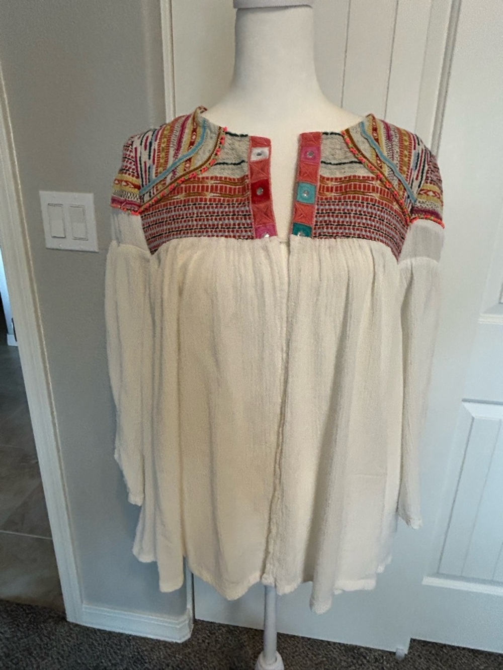 Tantrums Ivory Peasant Top with Multicolor Embroidered Yoke